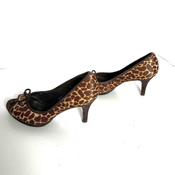Alex Marie Cheetah Peep Toe Heels Pumps Brown Animal Calf Hair Bow Women’s 7.5 - Picture 5 of 8